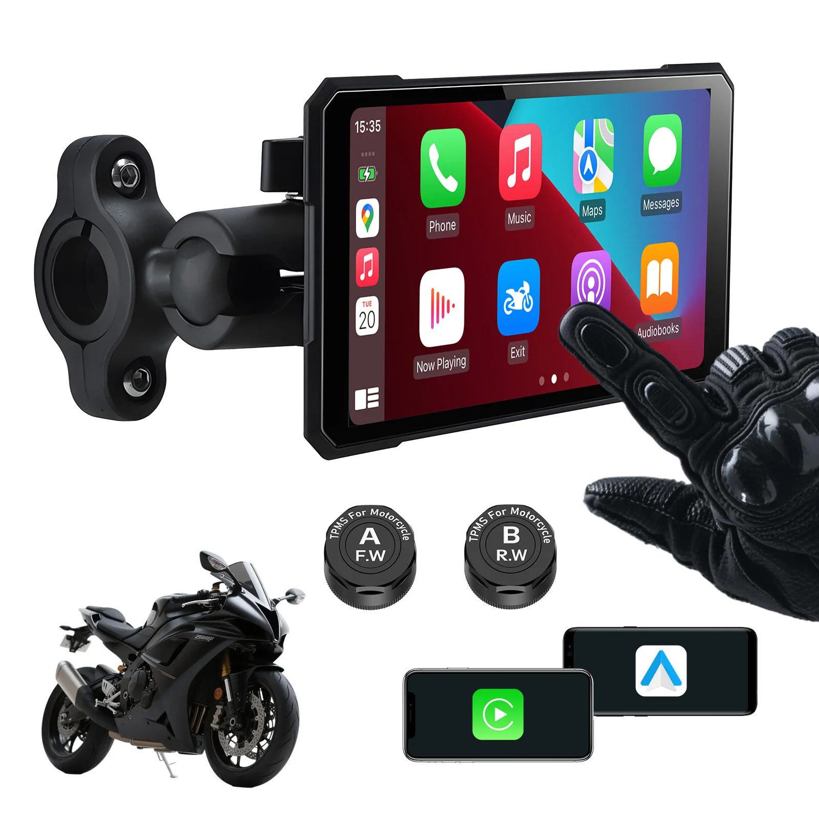 

5" Smart Motorcycle Display, Wireless Apple CarPlay & Android Auto, Built-in TPMS, Navigation Support, Siri & Google Assistant