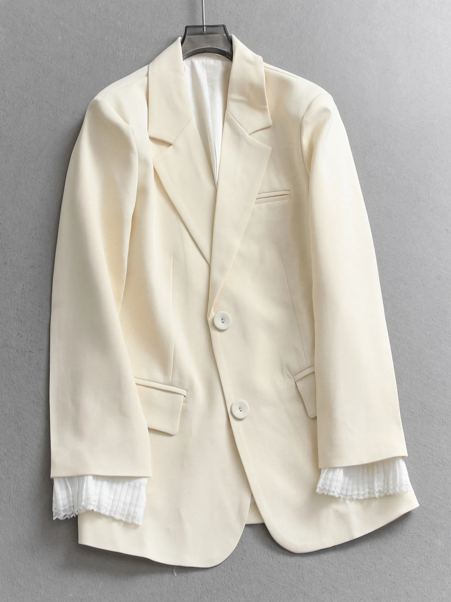 Color Block Lace Trim Long Sleeve H-Shape Suit Jacket Women's Spring New Style Simple Elegant Style W220 Business Casual Coat