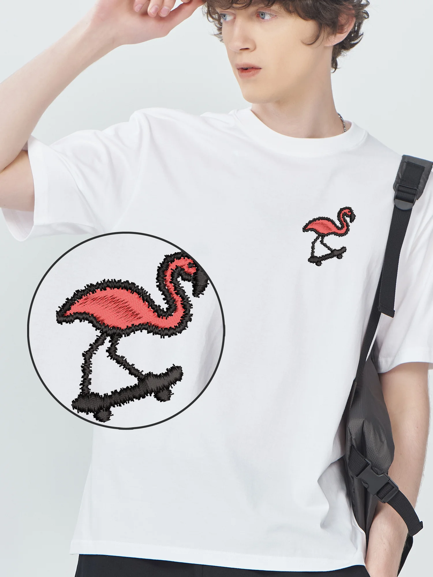 

Flamingo Skateboarding Embroidered T Shirts Luxury Customized Embroidery T-shirt Breathable Short Sleeve Unisex Women Men
