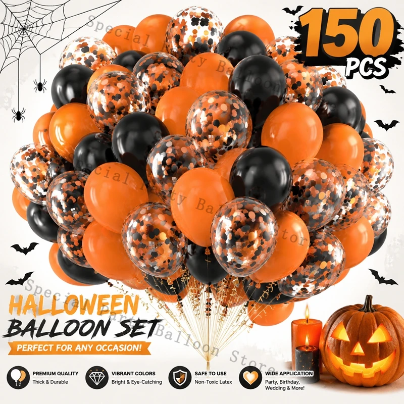 Halloween Ballon-Set 150 Stück, Schwarz Orange & Konfetti Gefüllte Latex-Ballons für Halloween Themenparty Dekorationen Zubehör