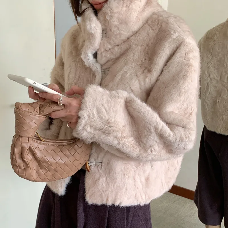 Elegant Short PU Fur Jacket Coat Winter for Women Stand Collar Horn Button Furry Thicken Overcoat Outerwears Female 2025
