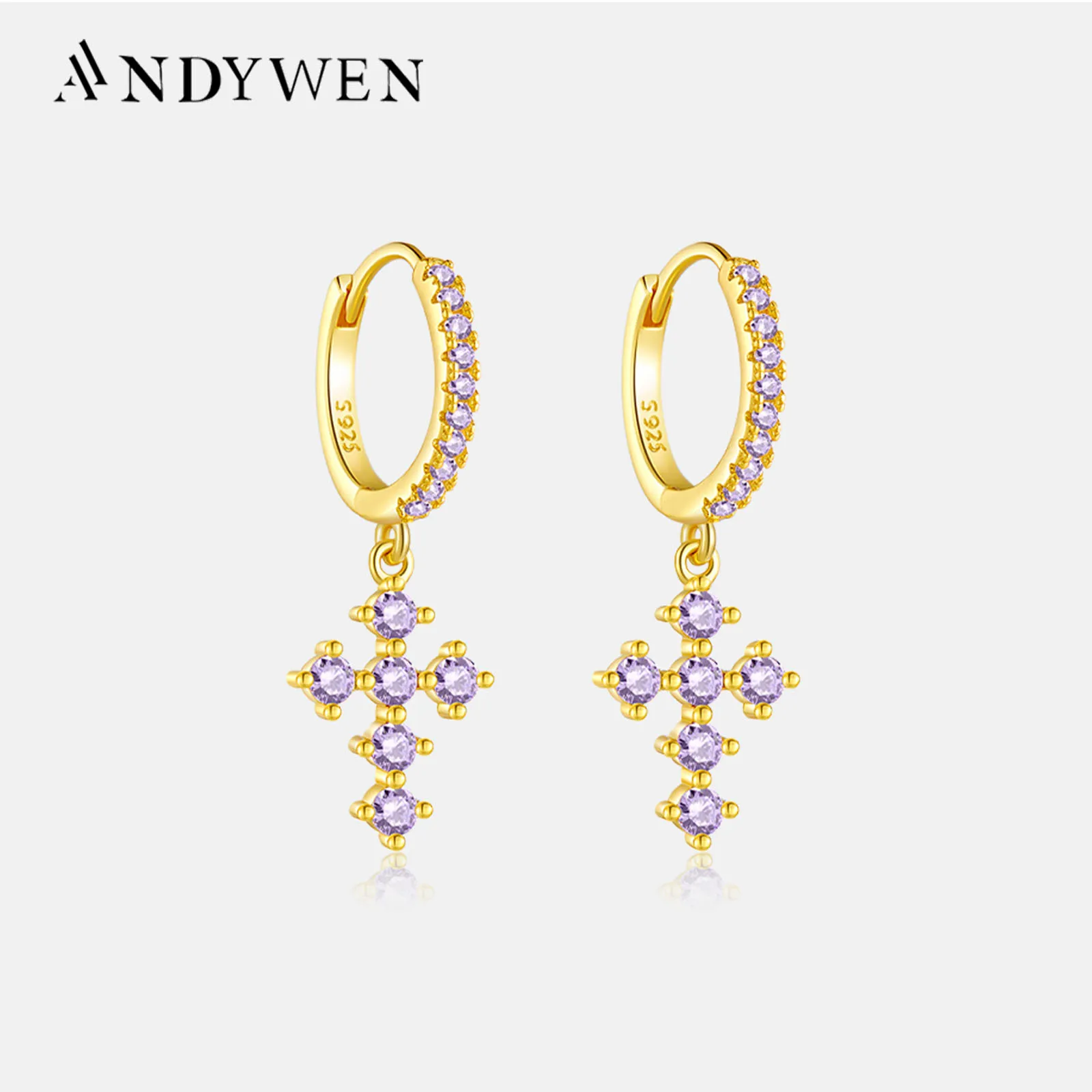 ANDYWEN 100% 925 Sterling Silver Rainbow Cross Dangle Charm Drop Earring Piercing Zircon Ohrringe Jewelry Rock Punk Pendiente