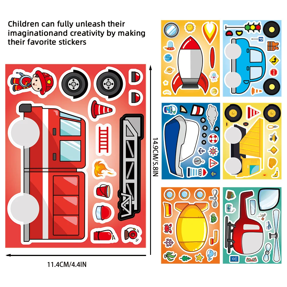 8 blätter Kinder DIY Puzzle Aufkleber Cartoon Transport Fahrzeug Machen EIN Gesicht Montieren Jigsaw Aufkleber Kinder Pädagogisches Spielzeug