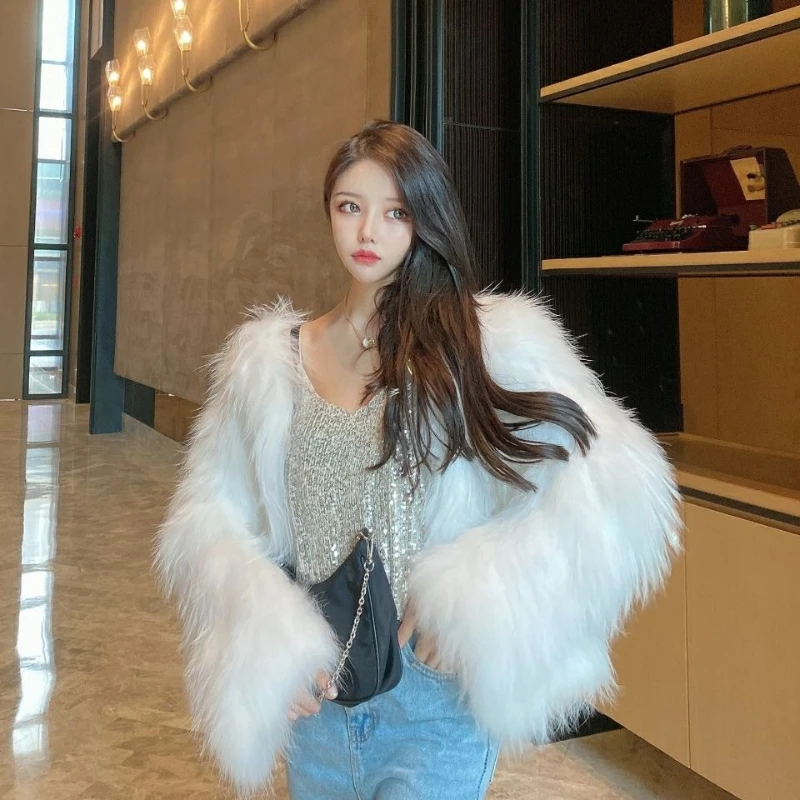 Winter Thick Faux Fur Women Y2K Streetwear V Neck Fluffy Warm Short Fur Jacket Female Elegant Faux Fox Fur Parkas JJ458
