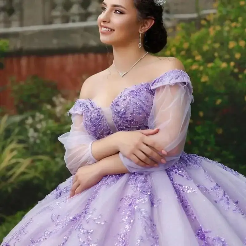 

Customized Light Purple Vestidos De 15 Quinceañera Sequin Appliques Sleeve Ball Gown Girls Tull Corset Customized Prom Gowns