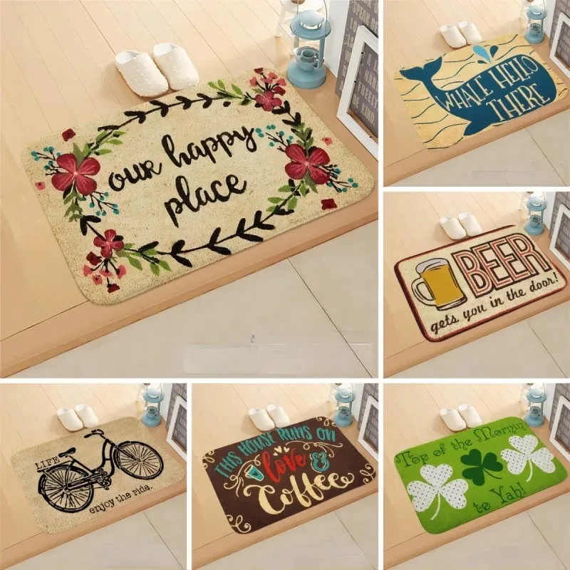 Our Happy Place Print Doormat Indoor Welcome Entrance Floor Decorative Carpet Non-slip Easy Clean Area Rug Wrinkle-Resistant Mat