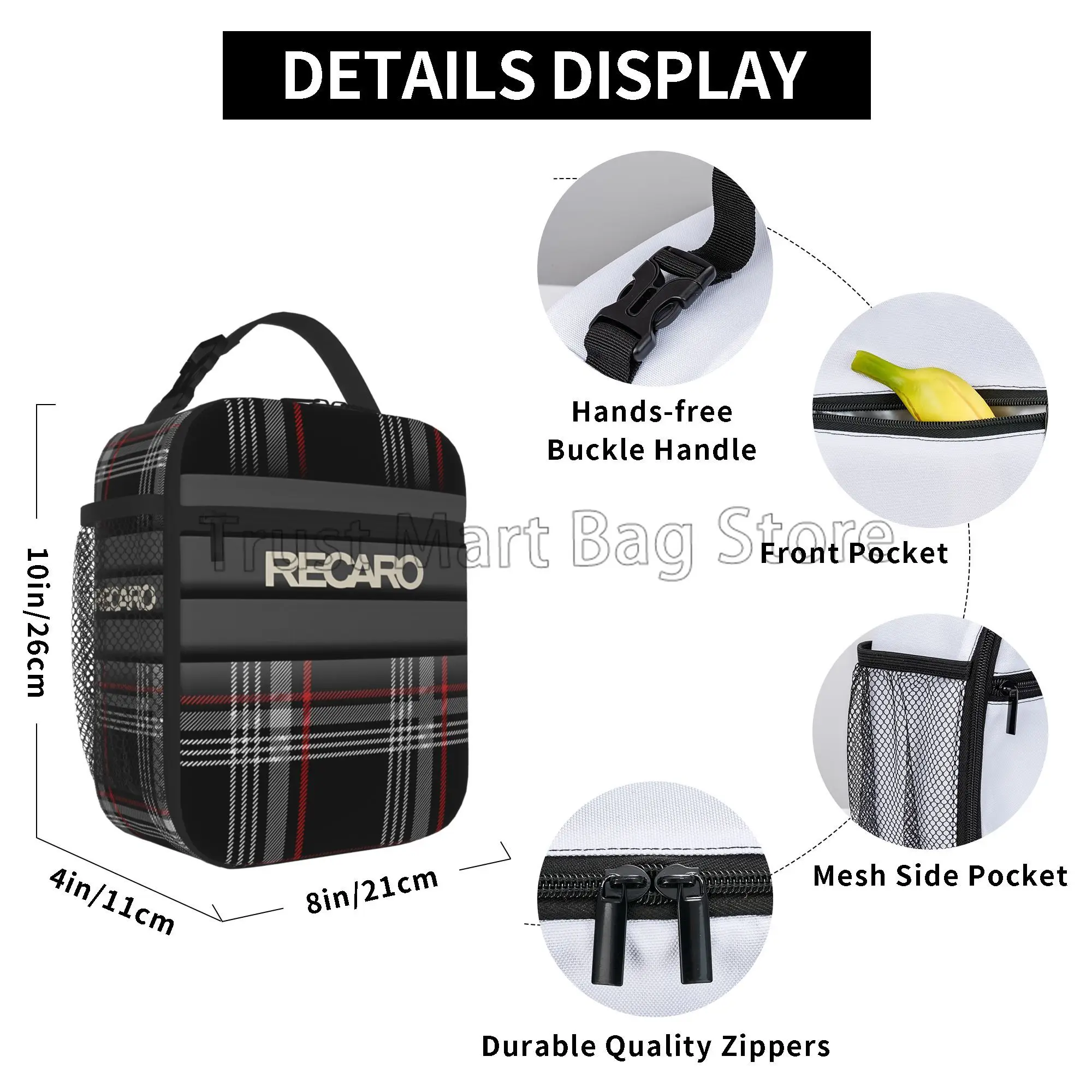 Recaros Logo Print Insulated Lunch Bag Reusable Leakproof Portable Oxford Thermal Cooler Lunch Bento Box for Outdoor Work Travel