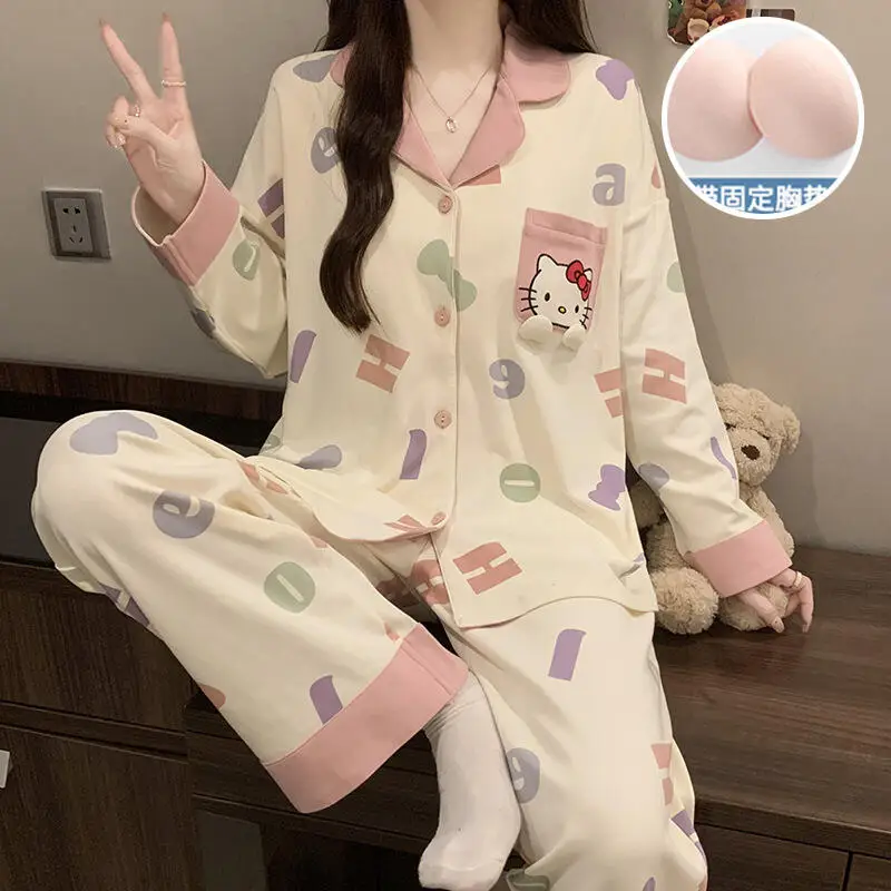 

Корейский стиль Ins, одежда для сна с длинными рукавами, женские весенне-осенние коричневые сердечки, милые нежные свободные брюки, комплект домашней одежды