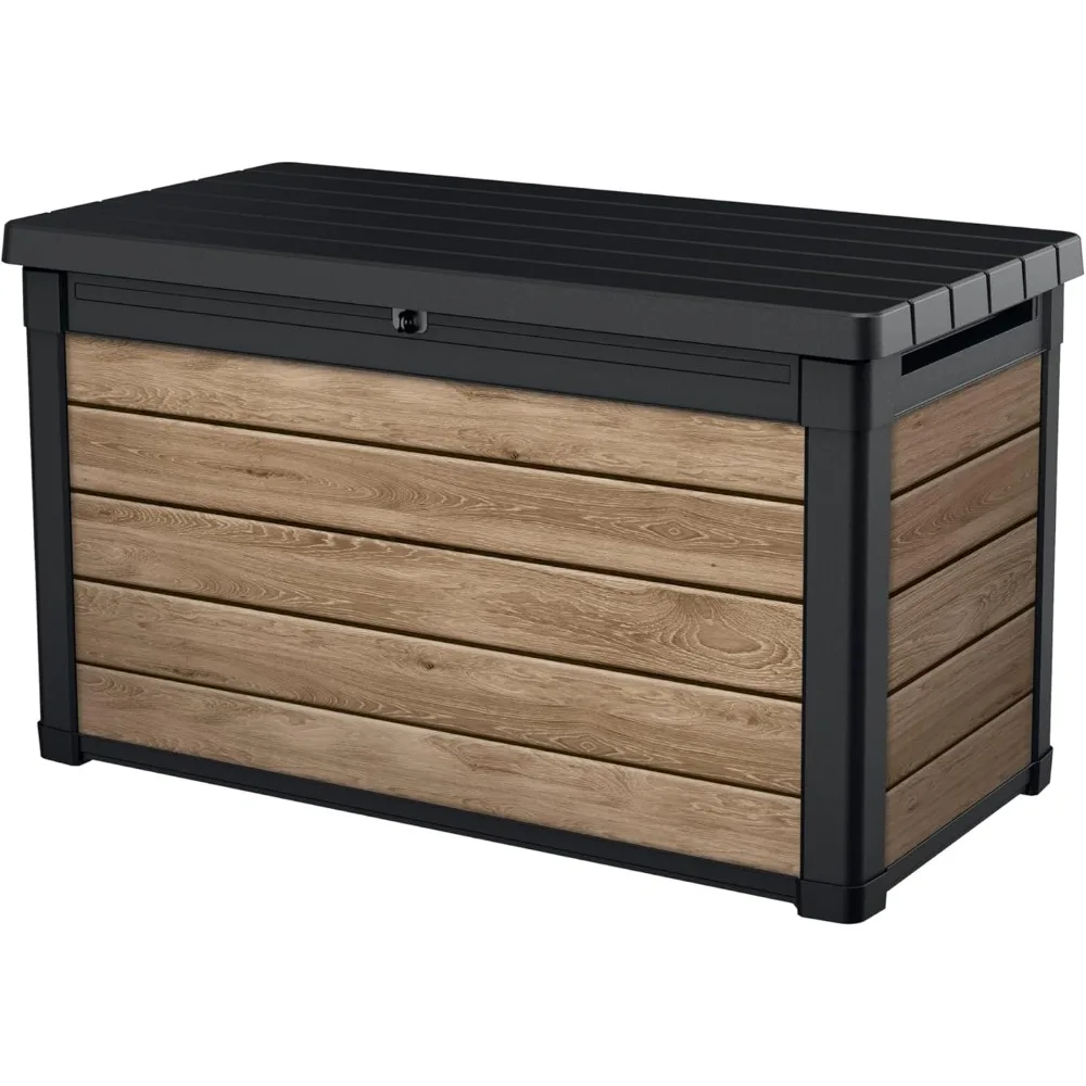 

100 gallon resin deck box for organizing and storing yard furniture, outdoor cushions, pillows, and gardens