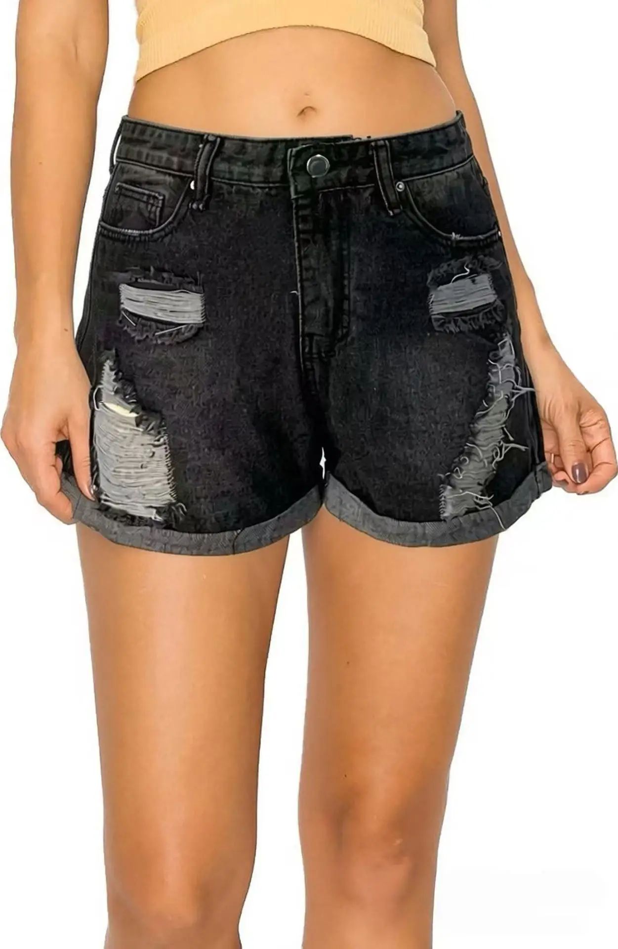 

Fashion Ripped Flanged Women's High Waist Hole Denim Shorts