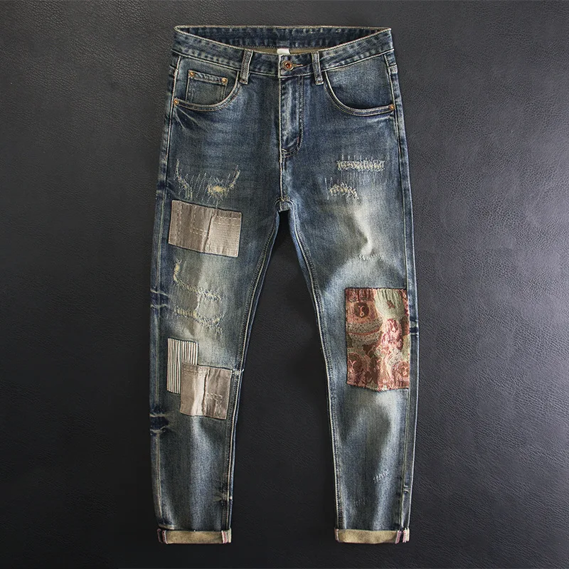 Vintage Ripped Patchwork Jeans for Men Slim Fit Stretch Patchwork Craft Fashion High-end Personality Trendy Denim Pants