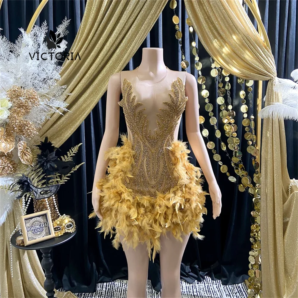 

Golden Feathers Rhinestones African Cocktail Dresses Beaded Birthday Party Gowns Black Girl Prom Dress Homecoming Customized