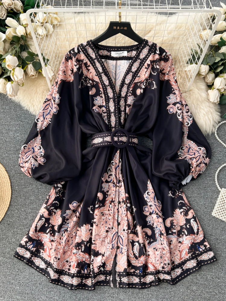 

Women Retro Printed Party Dress Spring Summer Sexy V-neck Lantern Sleeve Single Breasted Mini Dresses Ladies Elegant Blue Robe