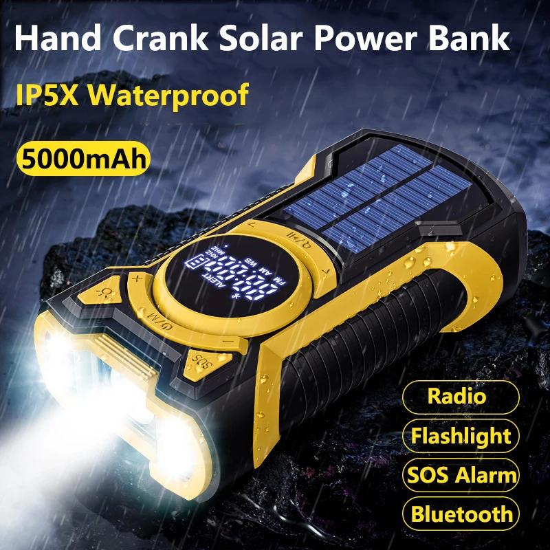 Hand Crank Solar Power Bank with Radio Flashlight Waterproof Portable Charger for iPhone 15 Huawei Xiaomi Samsung Spare Battery