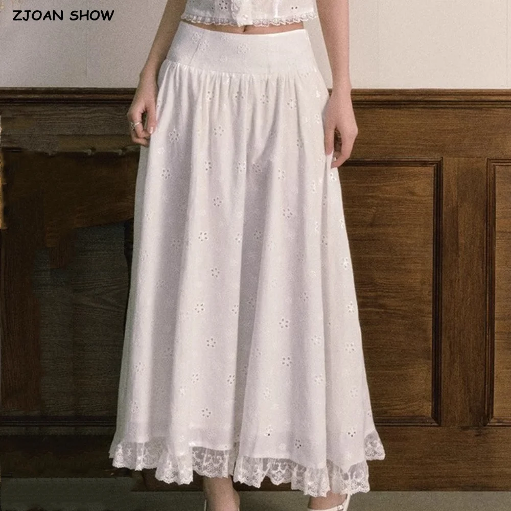 

Holiday White Embroidery Hollow Out Hole Side Zipper Waist Long Skirt BOHO Women Hem Spliced Lace Ruched Swing A-lined Skirts
