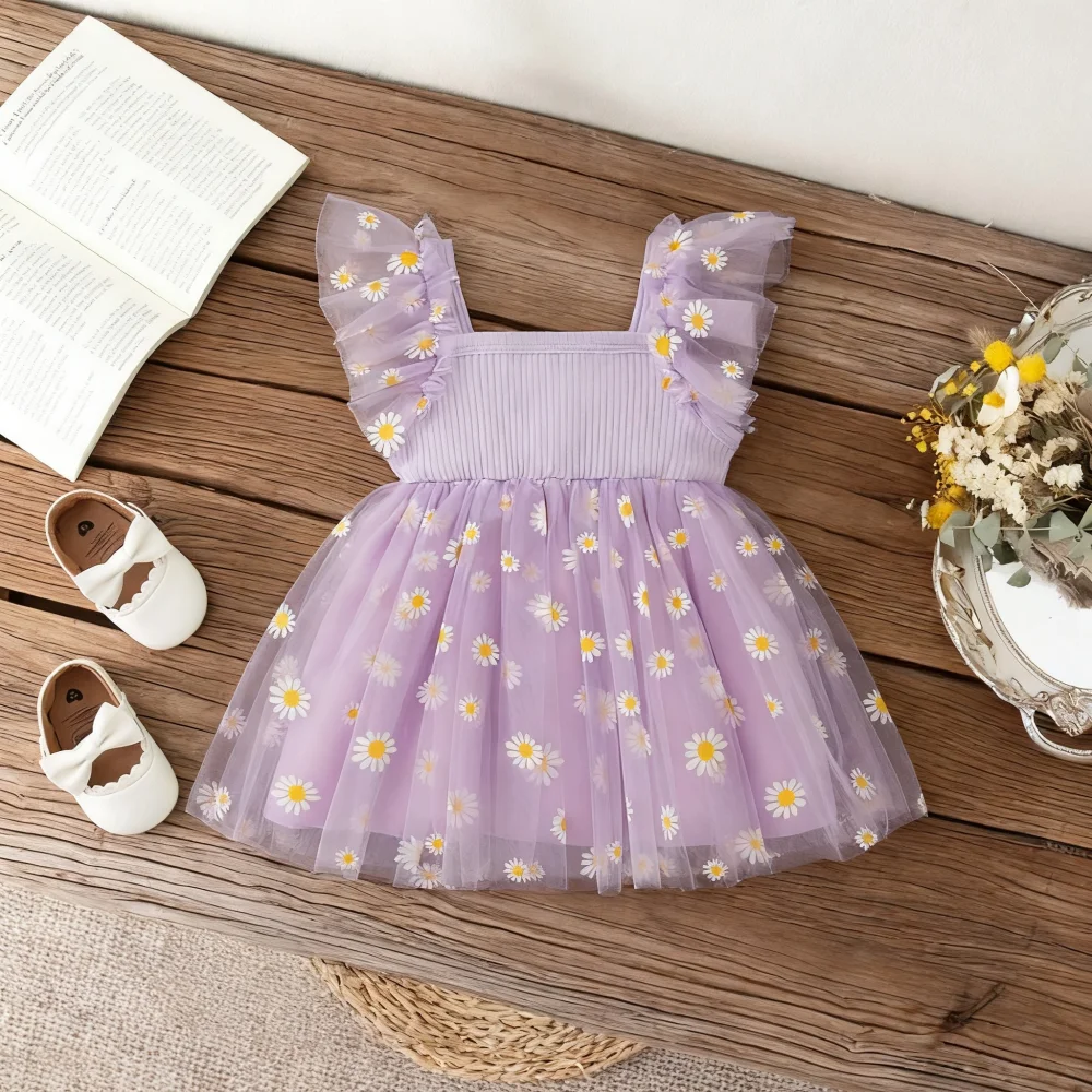Baby Girl Dress Summer Daisy Mesh Small Fly Sleeves Girl Dress Cute Princess Baby Dress Baby Girl Clothes ﻿