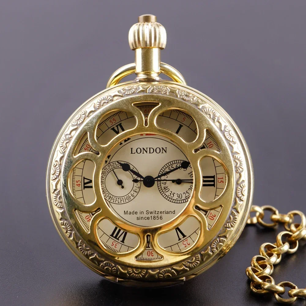 

Mechanical Pocket Watch Luxury golden Pure copper Roman Numerals Open Face Sub-dials Moon-phase Pocket Clock with Chain PJX070