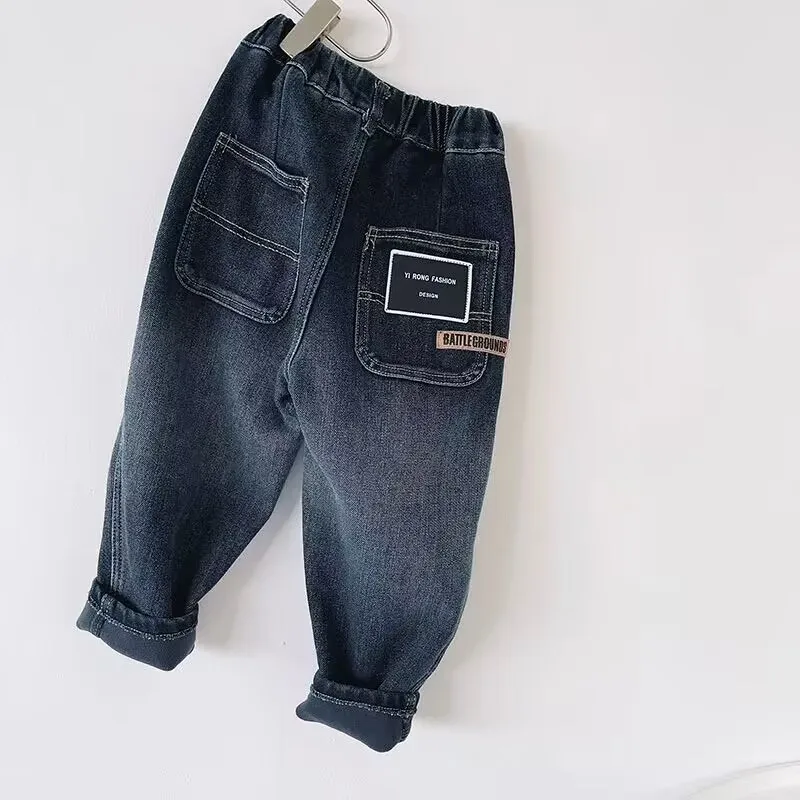 Winter Boys' Jeans Thickened New Middle and Small Children's Plush Thickened Pants Warm Casual Pants 3-9Y