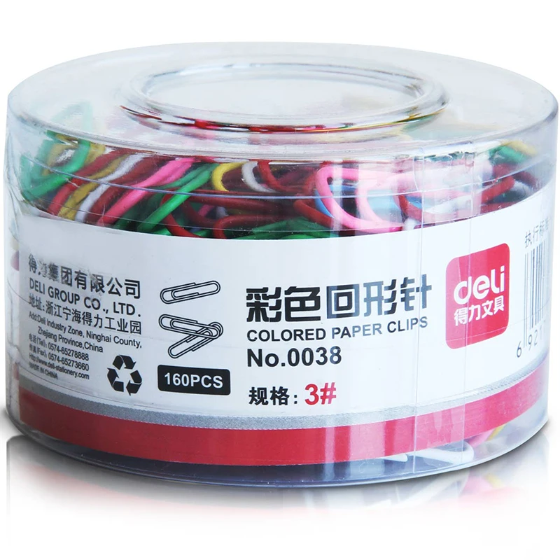 Deli Nickel-Plated Metal Colored Paperclips for Financial Document Sorting Round Box 160 Pcs/Box 0038