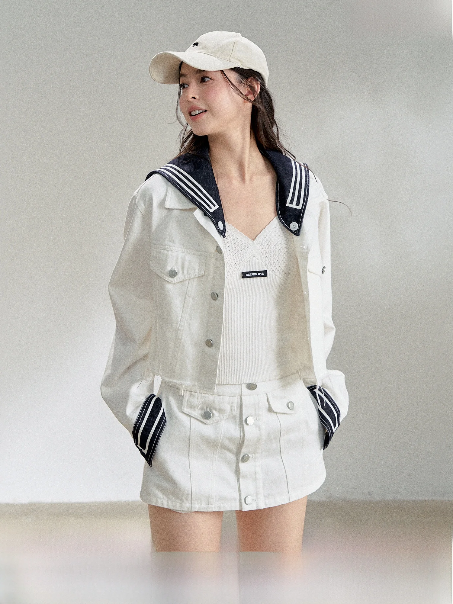 

RECOIN RC женский темно-синий воротник с капюшоном, джинсовый комплект из джинсовой ткани и юбки, повседневный хлопковый комплект с длинным светом в полоску