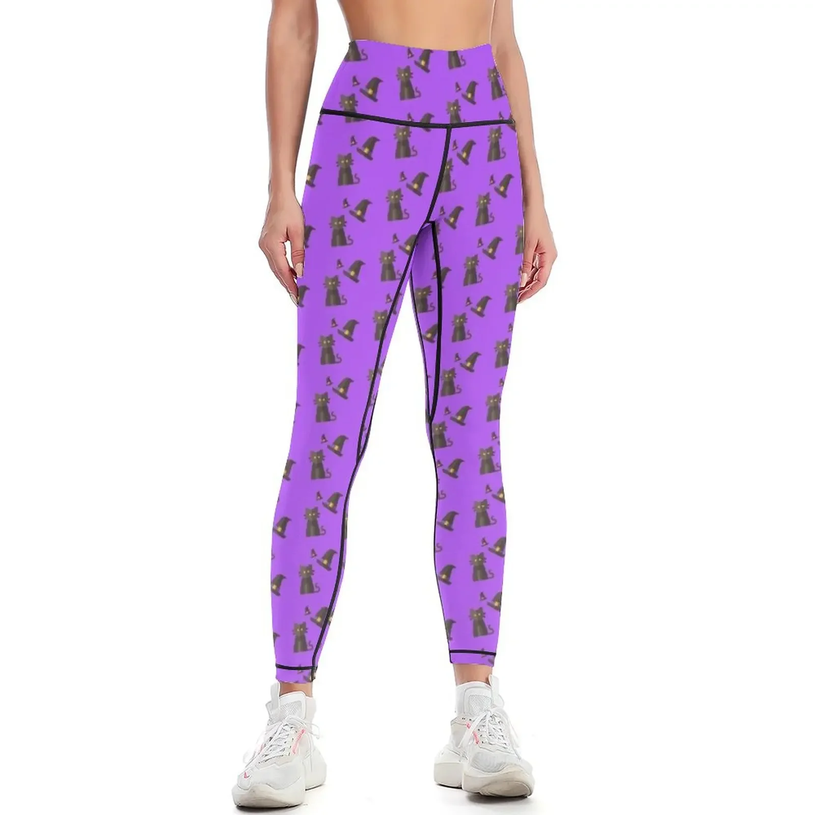 

Happy Halloween Holiday | Minimal Spooky Cat with Witch Hat Pattern Leggings flared gym womans Women's trousers Womens Leggings