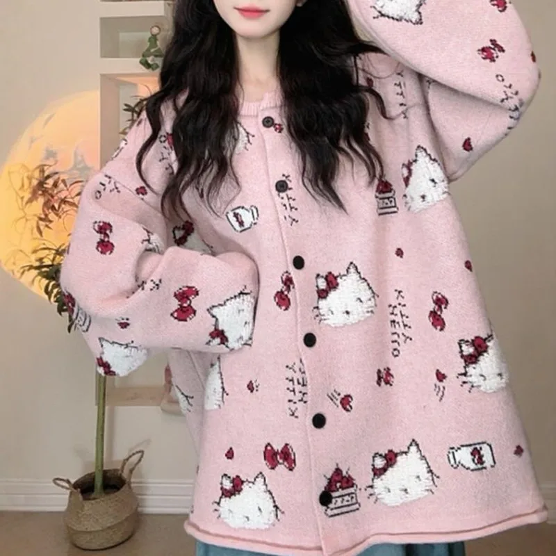 Hello Kitty Sweet Fresh Style Cute Jacquard Knitted Sweater Round Neck Long Sleeved Cardigan Sweater Loose Casual Versatile Top