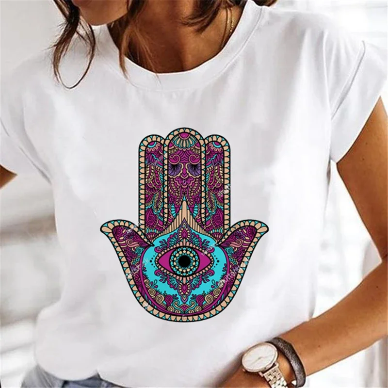 Sommer neue 90er Jahre Kurzarm Sommerkleid Hand von Hamsa Fatima Print O-Ausschnitt T-Shirt Top Mode Frauen lustige weiße T-Shirt.