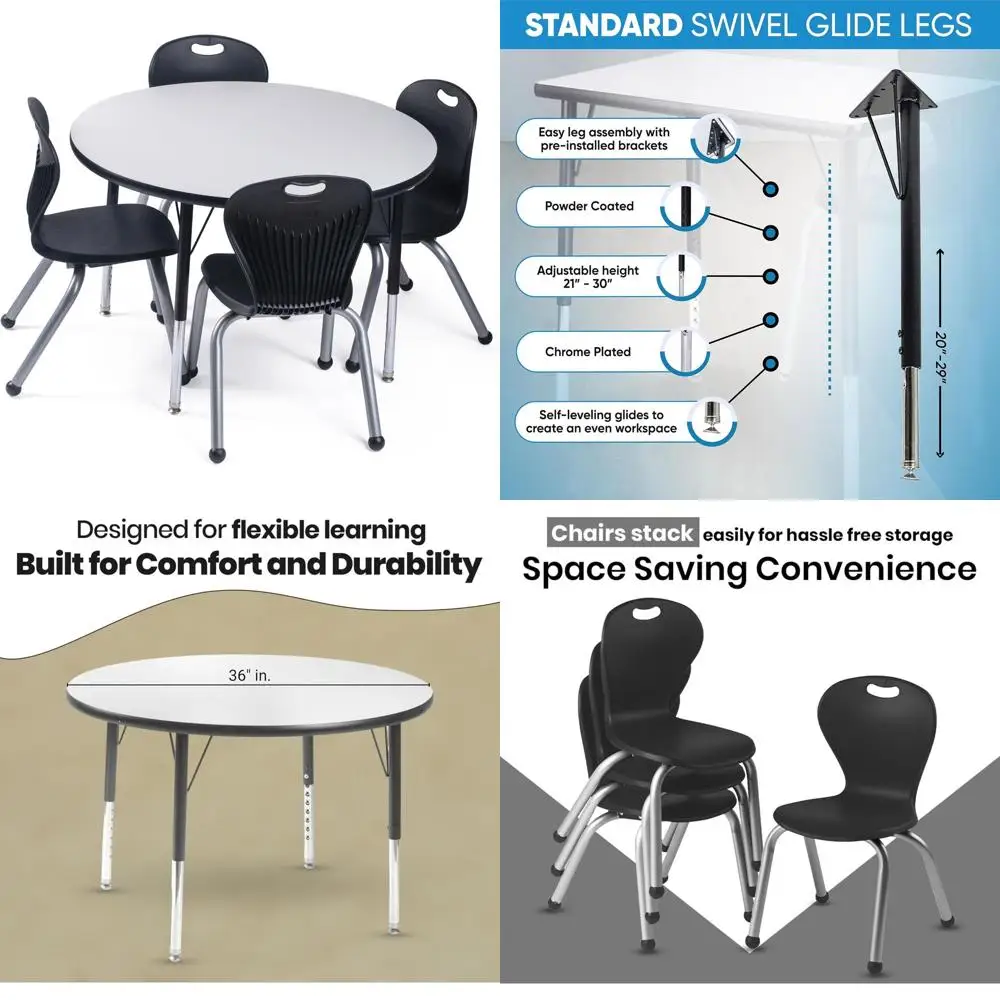 

Adjustable Height 36 Diameter Round Tables with Spray Edges and Comfortable Classroom Chairs for Schools and Commercial Use