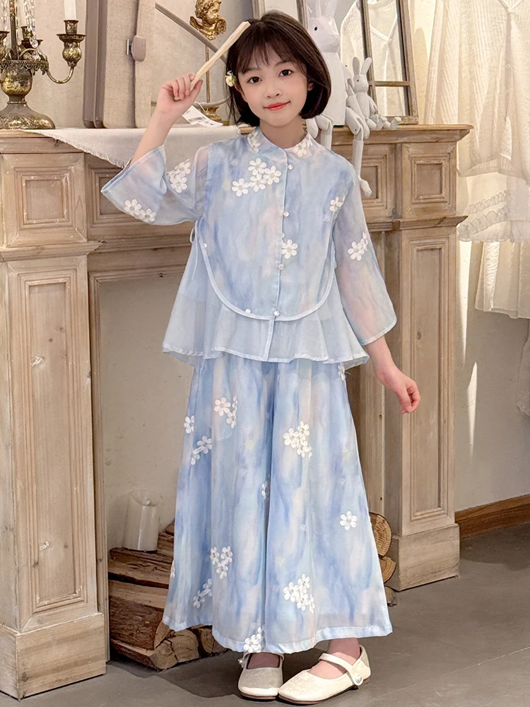 

New Chinese Sle Thin Cotton Two-Piece Set for Girls Summer 2025 Children Hanfu Clothing Kids Faion Ensemble