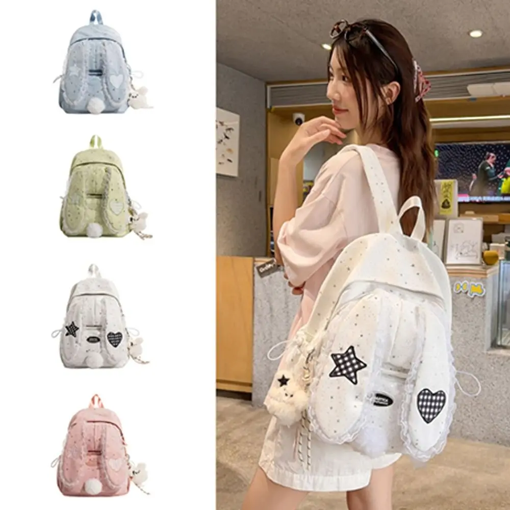Sweet Nylon Rabbit Ear Backpack Lace Polka Dot School Bag Large Capacity Student's Backpack for Students Girls