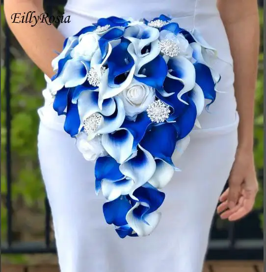 

EillyRosia Royal Blue Calla Lily Cascading Wedding Bouquet with Brooch Dropping Bridesmaid Bouquet Holding Flowers Rhinestones