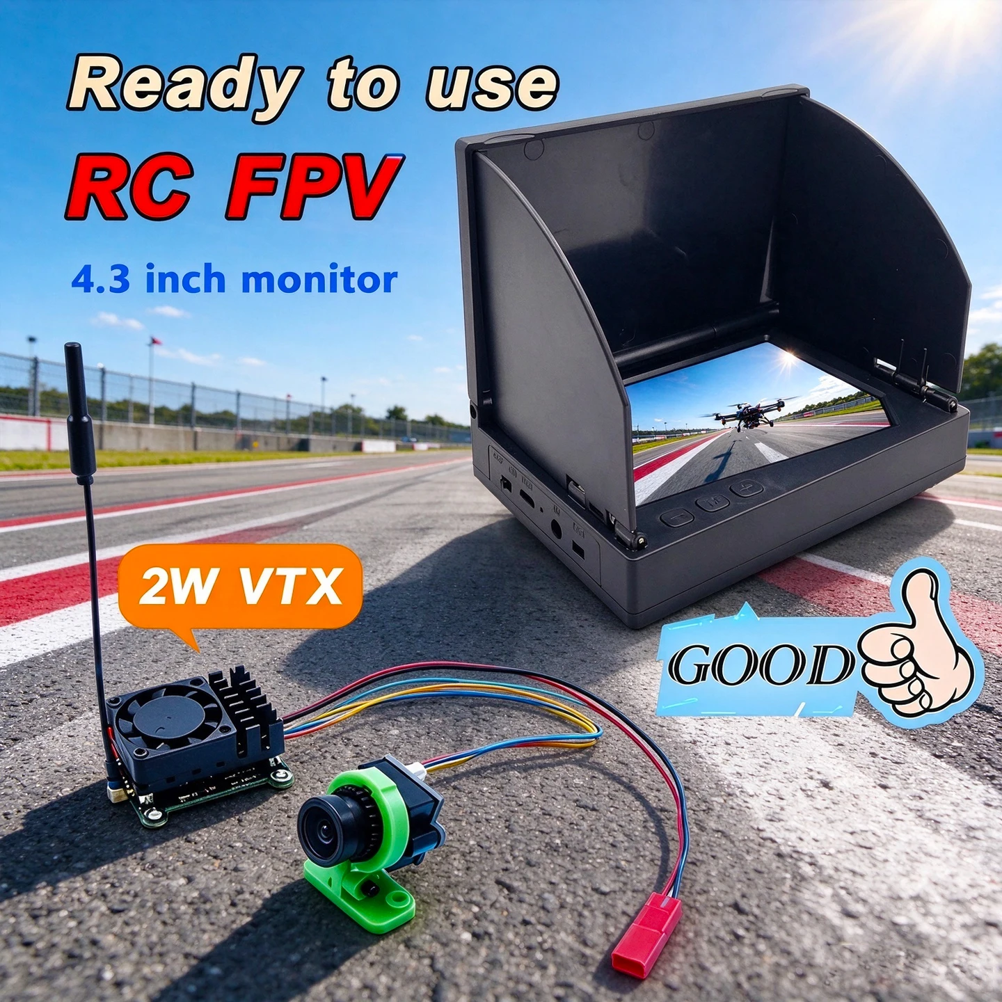 Ready to use 5.8Ghz 48CH 2W FPV Wireless Transmitter with cmos 1000TVL Camera and 4.3 inch fpv monitor LCD Screen for RC Drones