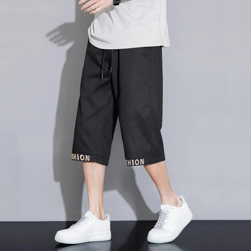 

Regular Fit Trousers Stylish Men's Cropped Pants with Elastic Waistband Drawstring Featuring Letter Embroidery Print for Casual