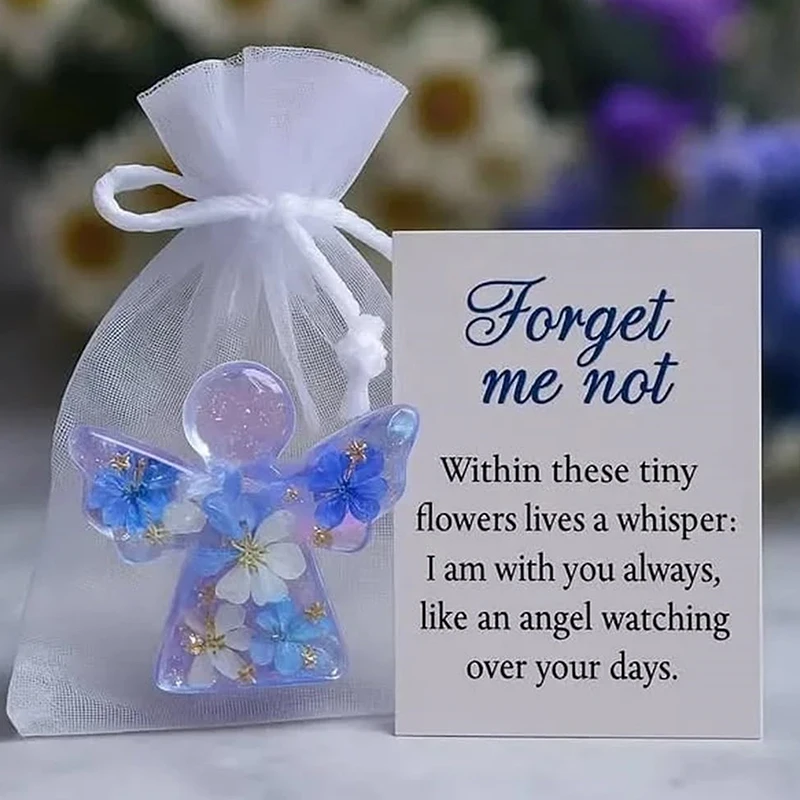 Cherished Guardian Angel Resin Figurine with Forget Me Not Flowers, Keepsake Pouch and Sympathy Card