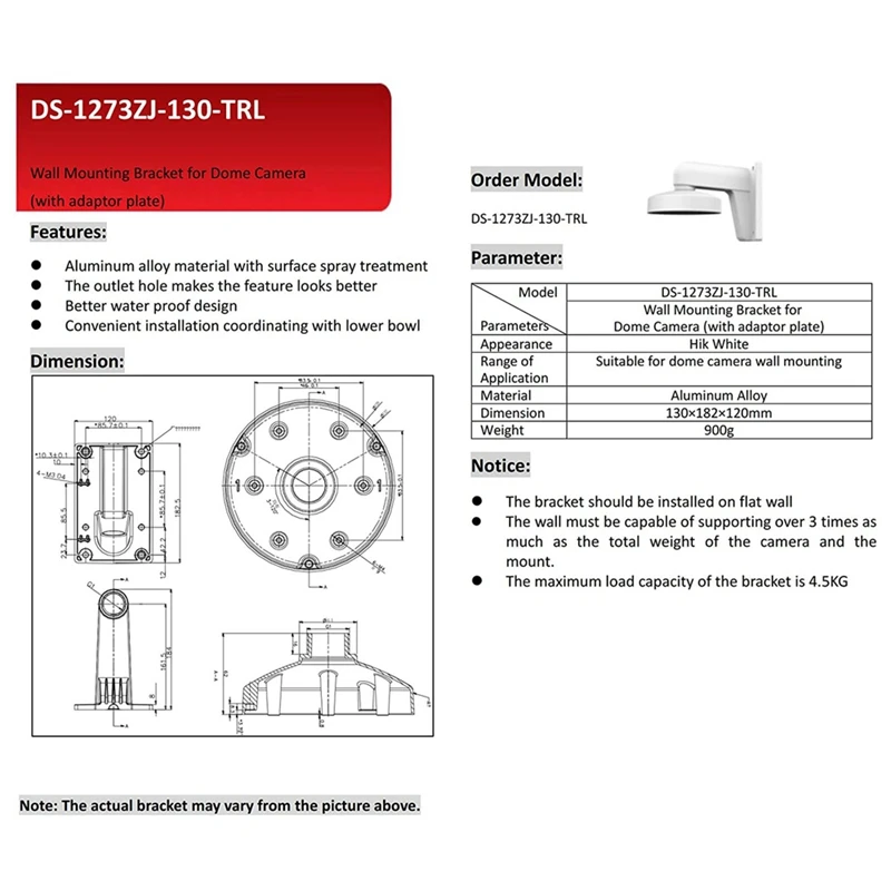 DS-1273ZJ-130-TRL WMS WML PC130T Wall Mount Bracket For Hikvision Turret Camera DS-2CD2342WD-I