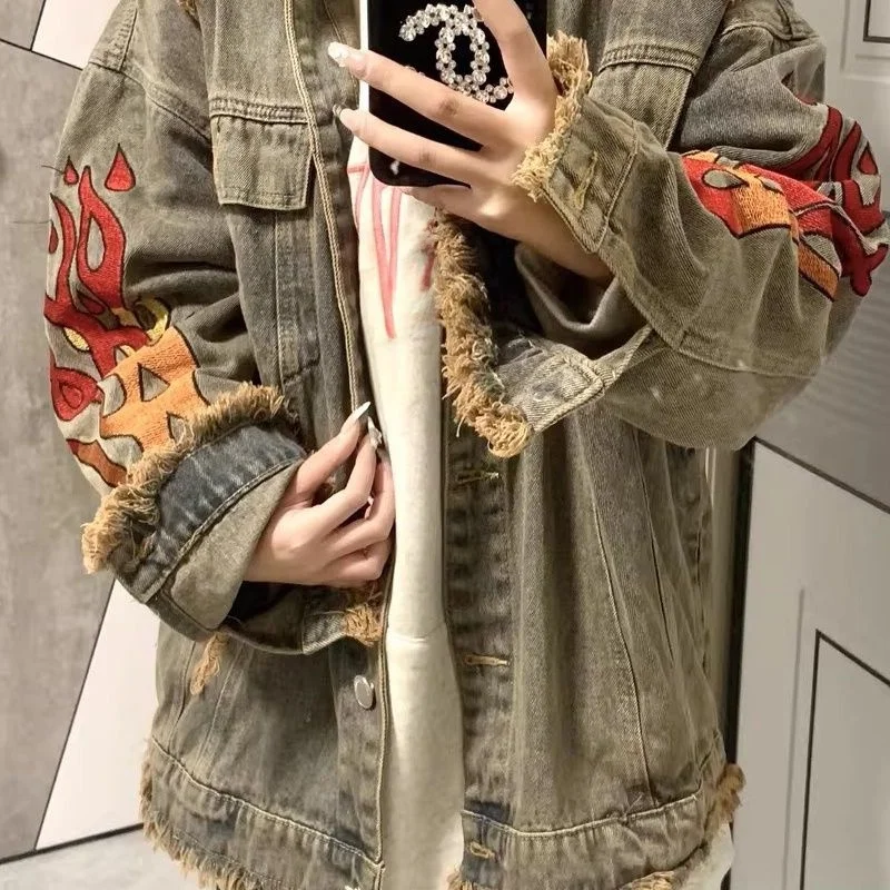 

Large Size 300 Pou Frayed s Embroidered Denim Jaet Men's Sle Spring Autumn Wear Waed Vintage Jaet Top