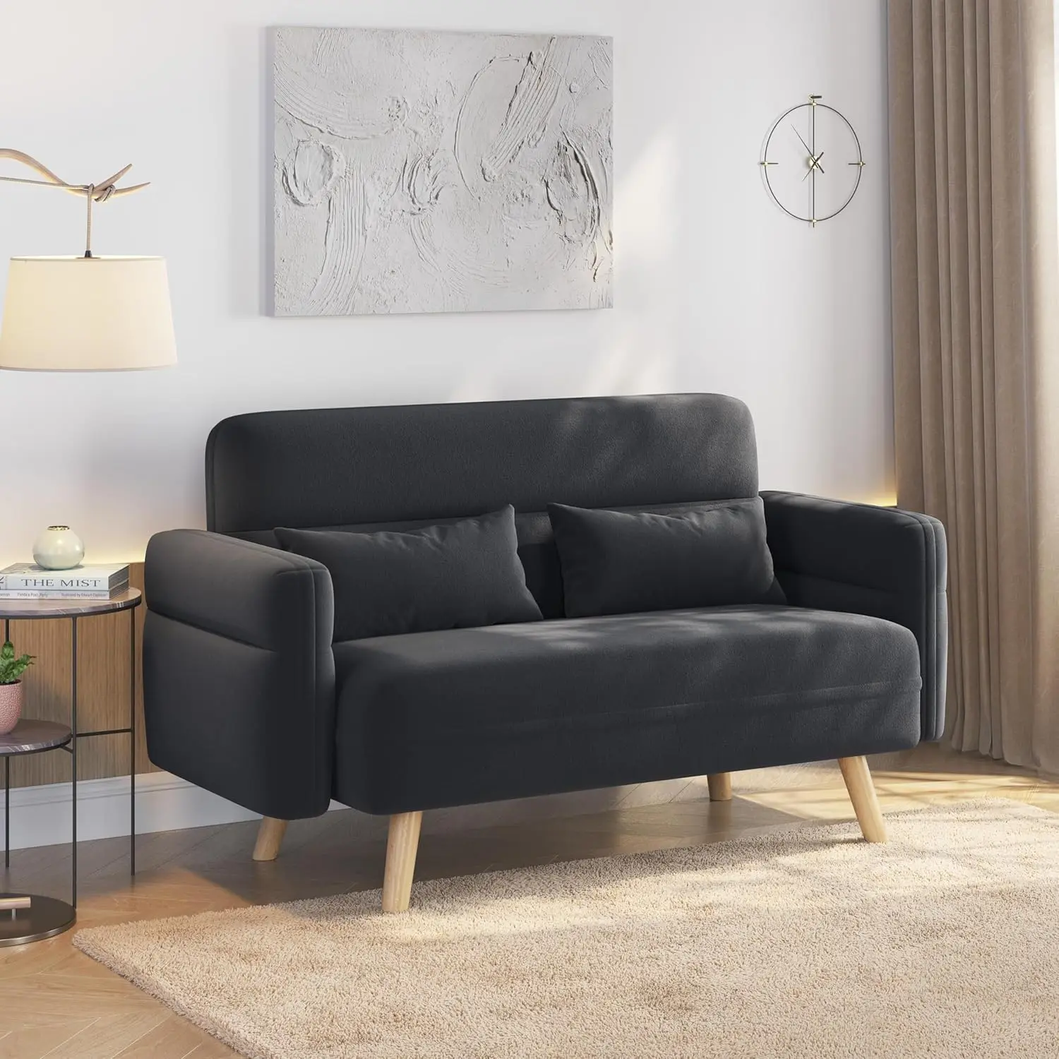 Nowoczesna sofa materiałowa Loveseat 2-osobowa kanapa z połowy wieku z poduszkami lędźwiowymi, nogami z litego drewna do salonu, mała przestrzeń, D