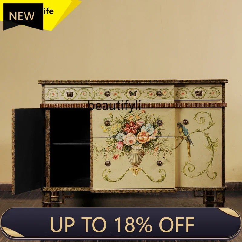 

P178 Vintage Heavy Color Hand-painted Light Yellow Distressed Living Room Large Entrance Cabinet Altar Side Cabinet