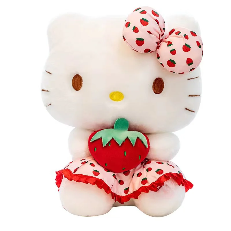 Kawaii Anime Strawberry KT Doll 20cm Sanrio Cartoon KT Cat Peluch Toy Home Decor Animal Sitting Doll Bed Decoration