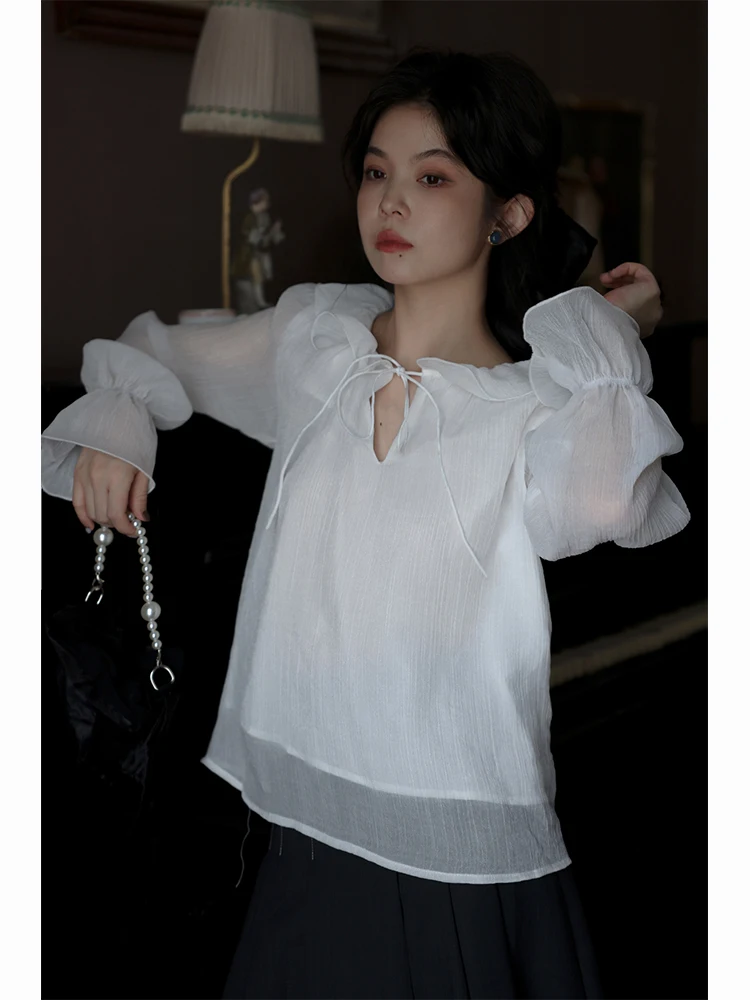 

Pure White Chiffon Blouse Women's Floral Collar 3D Wood ain Chest Tie Design Saltwater Resistant Ideal for Autumn