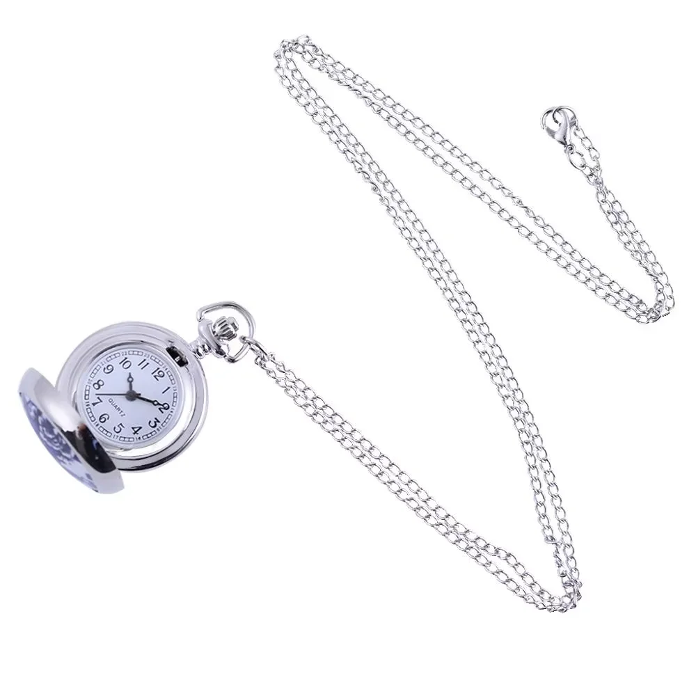 Trend retro silver pocket watch blue flower pattern open cover pocket watch belt chain men and women accessories