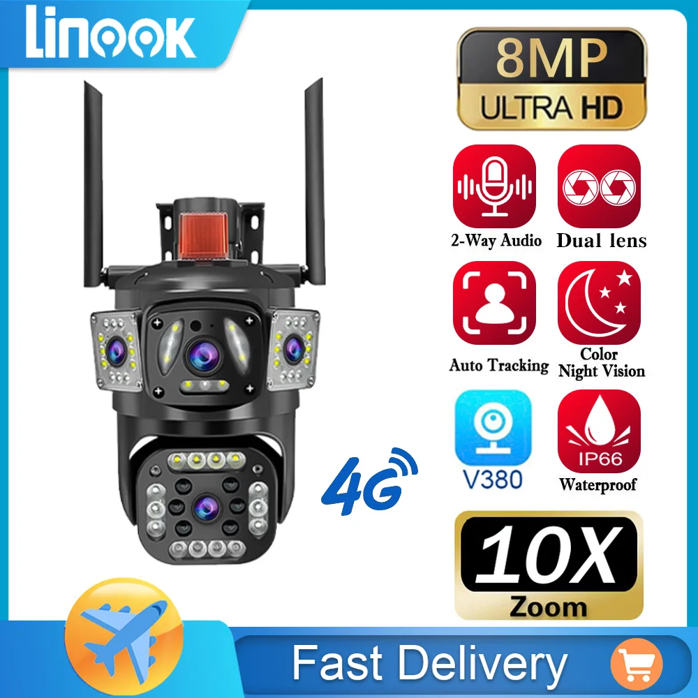 

Linook, CCTV dual lens camera, V380 Pro IP security camera, CCTV 360 4GSIM HD 1080P outdoor waterproof, two-way audio, 360