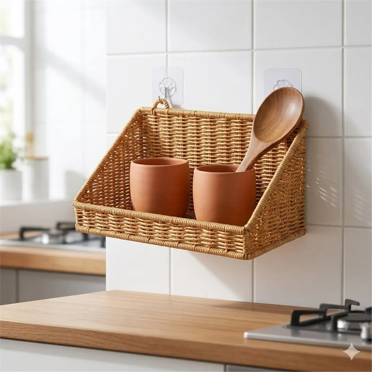 Rustic Wall-Mounted Basket with Hooks - Plastic Woven Rattan Storage Hamper for Home Organization