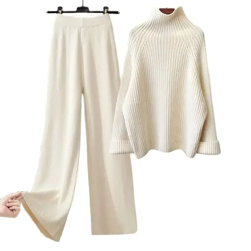 

Spring Warmer 2024 Wide Leg Pants Set Knitted Pullover Sweater+Knitted Wide Leg Pants Women Two Piece Suit Trousers L323