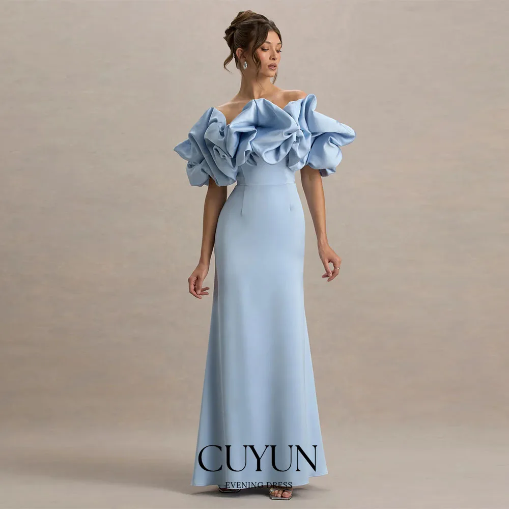 

CUYUN Customized Sky Blue Prom Dresses Floor-Length Pleated Evening Dresses Flowers Formal Women Party Gowns Homecoming Dresses