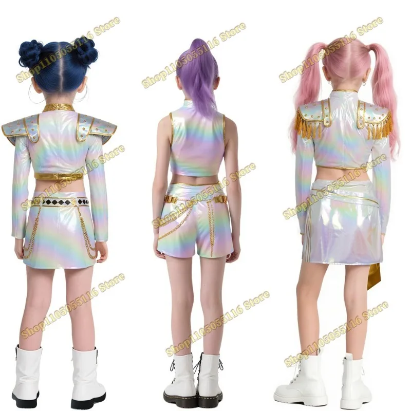 أزياء K-pop Rumi Zoey Mira التأثيرية شعر مستعار للفتيات بدلة ذهبية بيضاء Kpop شيطان الصيادين لجميع القديسين ملابس لعب الأدوار الهزلية