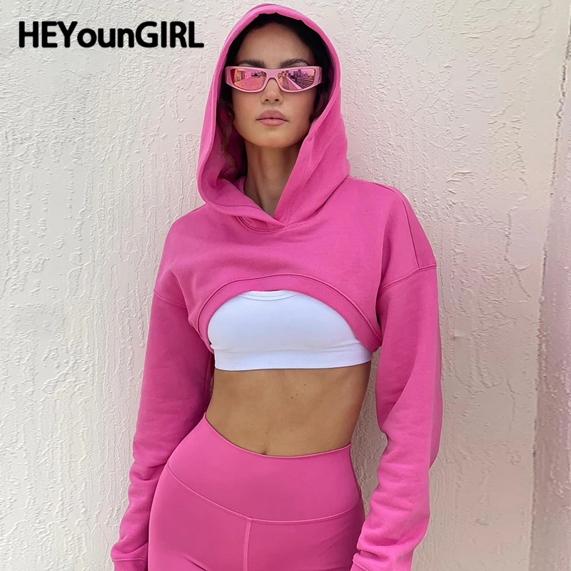 

HEYounGIRL Casual Hooded Sweatshirt Women Solid Basic Long Sleeve Cropped Top Sporty Outfits Autumn Hoodies Fashion Pullovers