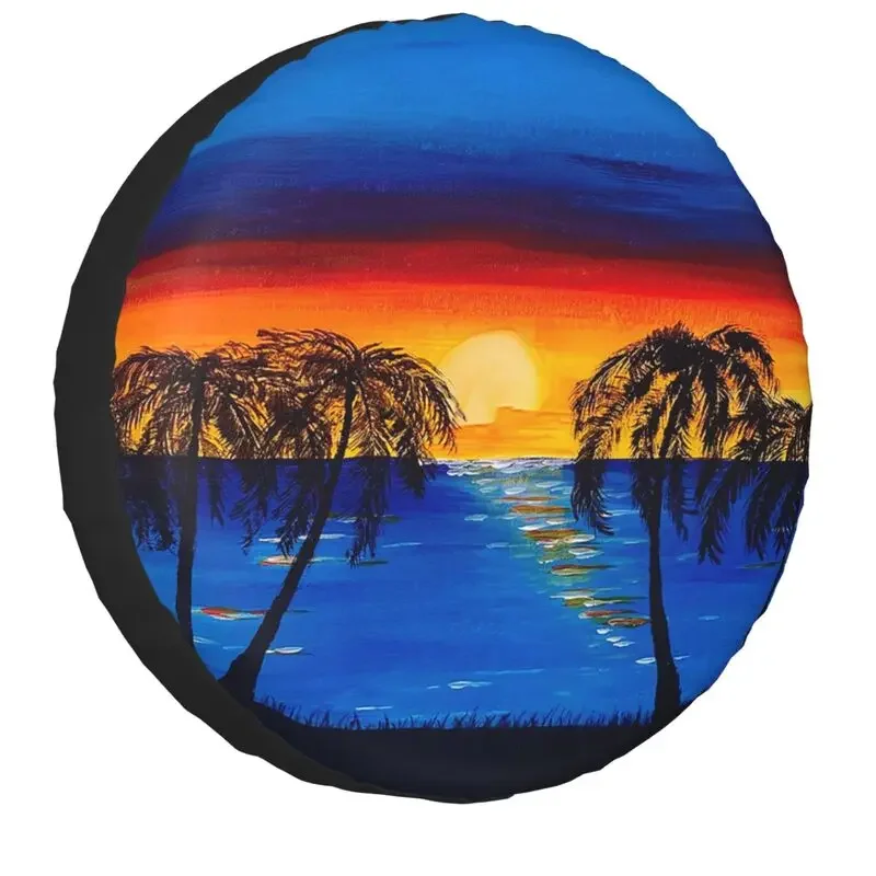 Beach Sunset Palm Trees Spare Tire Cover for Jeep Mitsubishi Pajero Tropical Scene SUV RV 4x4 Car Wheel 14