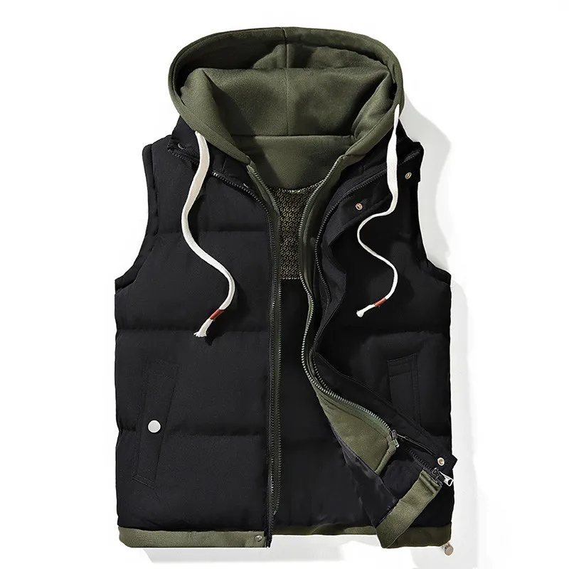 

Men's Thiened Warm Hooded Patchwork Vest Autumn Winter Outerwear oulder Pad Svel Cotton Jaet for Students