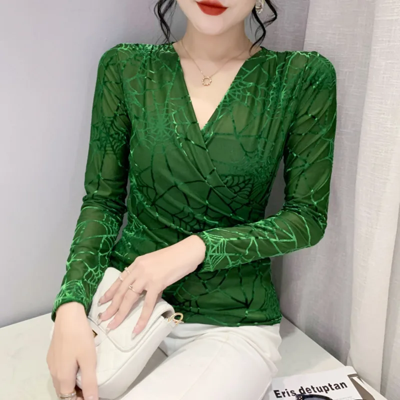 

#8149 Black Green Wrap T Shirt Women V-neck Sexy Thin Short T-shirt Female Long Sleeve Print Mesh Elastic Tight Tee Perspective